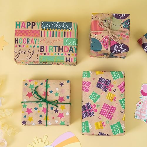 Miniatura 2 de RUSPEPA Rollos de papel de regalo de papel kraft de cumpleaños, mini rollo, 17 pulgadas x 10 pies por rollo, total de 4 rollos, globo colorido de