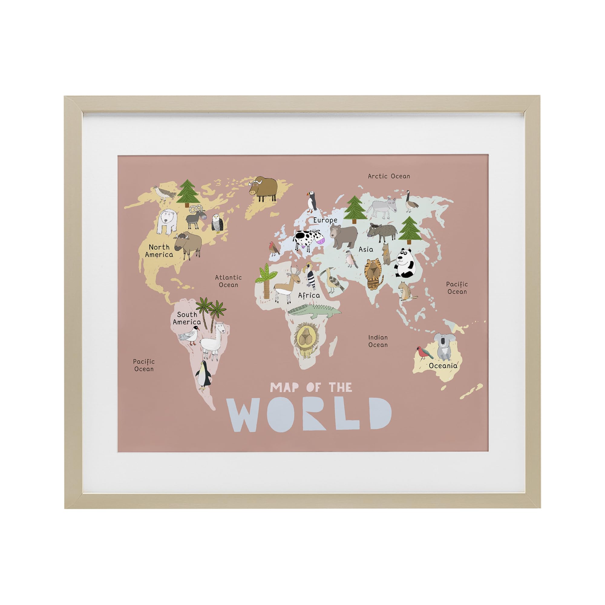 Carte du monde pour enfant cadre rose Carla Daly décoration murale 43x53