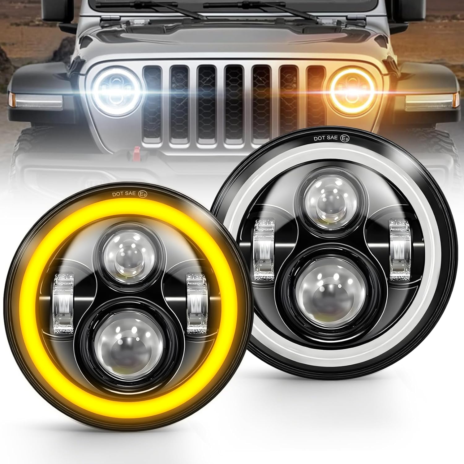 CO LIGHT 7 Inch Led Headlights Halo Angel Eyes DRL Amber Turn Signal Lights DOT Approved H6024 Headlight -LED Headlight Offroad Light Angle Eyes Compatible with Wrangler JK TJ LJ Motorcycle