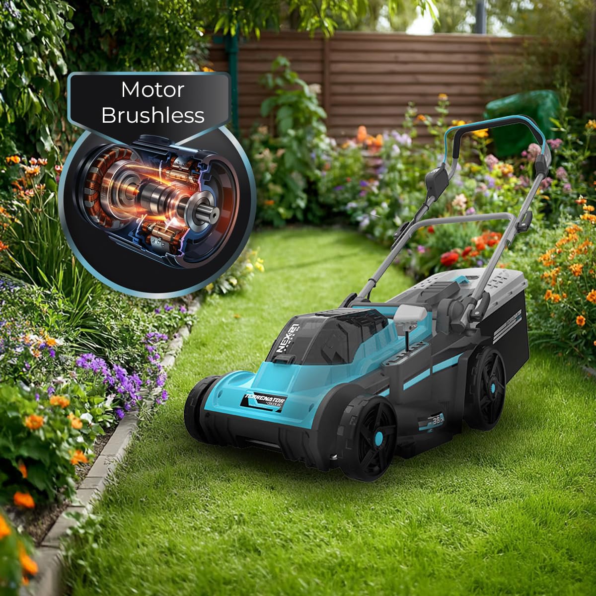 Cecotec Terrenator kosiarka akumulatorowa E7 Liberty Z Plus. Bezszczotkowy silnik bezszczotkowy, działa 2 baterie 21 V 4 Ah, zmiana wysokości systemu Z-Tech, szerokość 43 cm, 3w1 mulczowanie tylnych