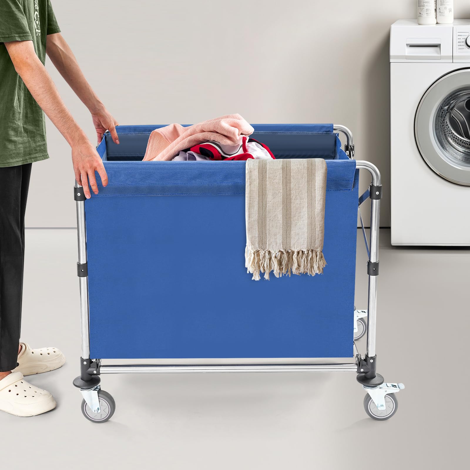 Carro de lavandería con ruedas, de acero inoxidable, carrito de lavandería comercial con bolsa de tela Oxford extraíble, carrito de lavandería plegable, capacidad de carga de 200 kg (azul, 87 x 85 x