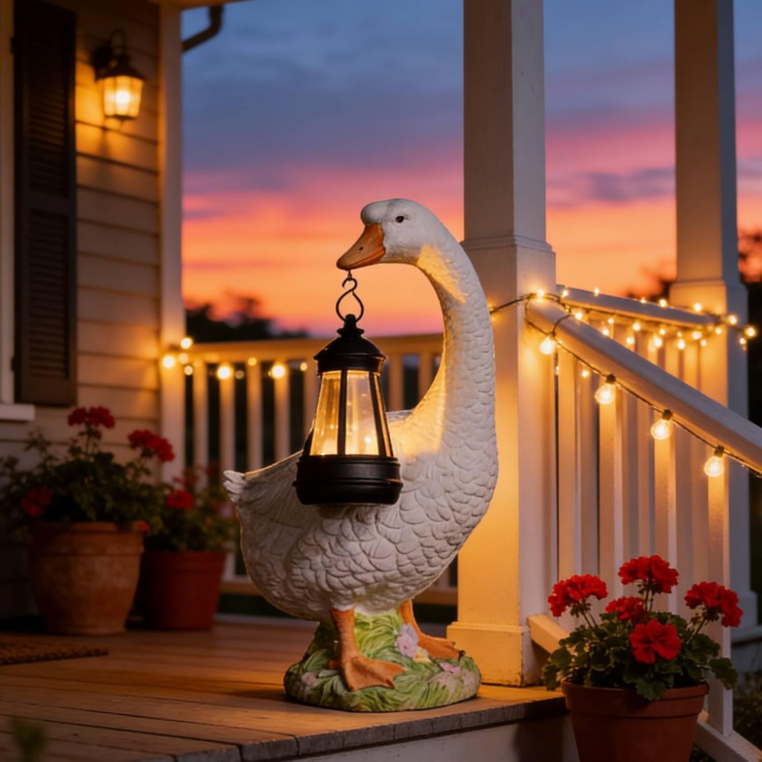 DiliComing Solar Porch Goose Statue - Outdoor Garden Decor Resin Goose Statues for Yard Lawn Patio Unique Gift Mom Grandma Women