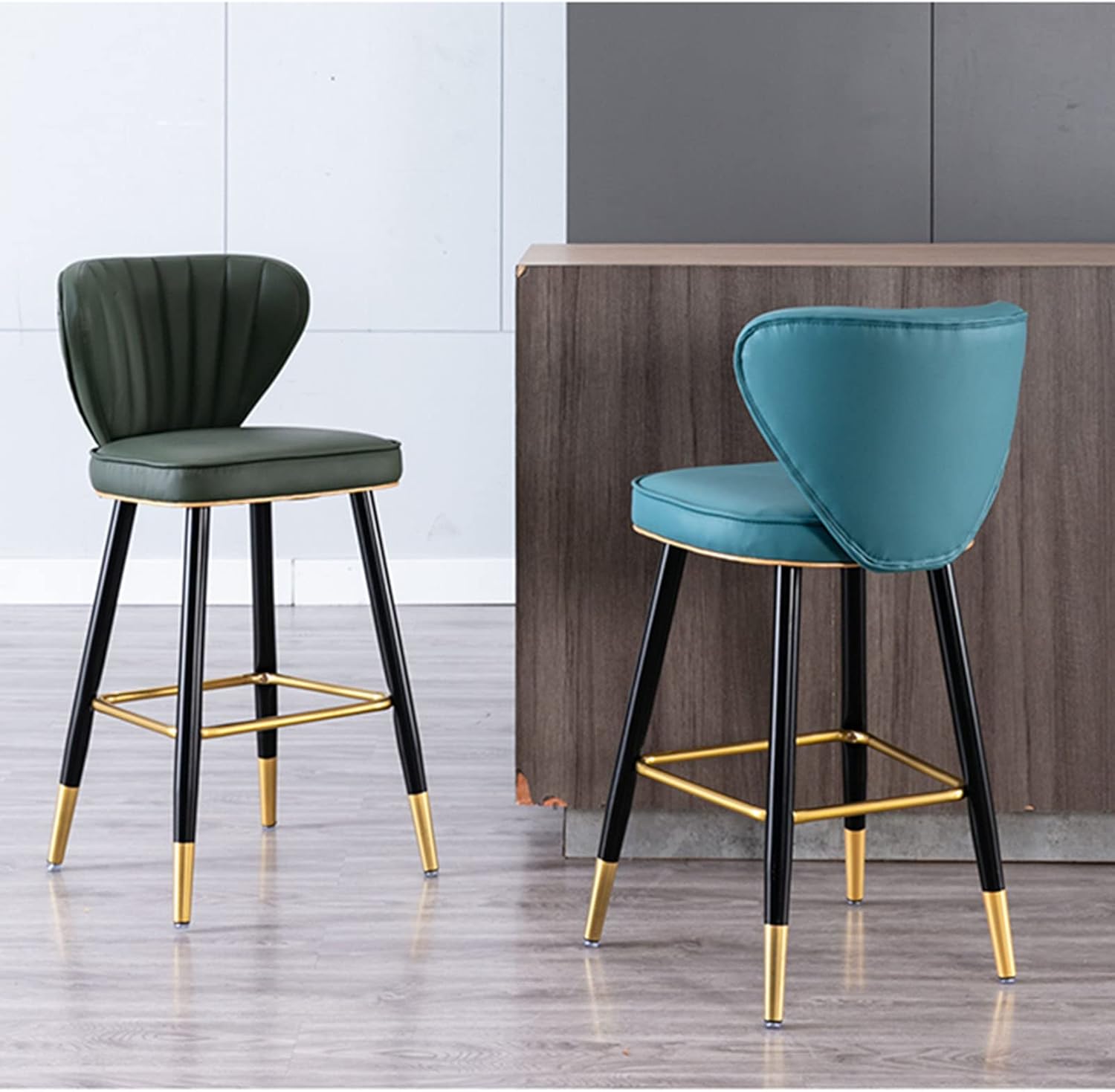 Counter Height Stool Bar Stools, Kitchen Island Chairs 65/75cm High Seat, PU Leather Padded, with Back and Gold Metal Leg,Set of 2