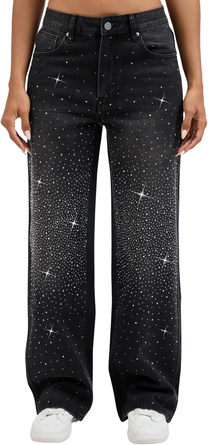 Wanduyini Rhinestone Straight Leg Jeans for Women Teen Girls Bling Loose Fit Denim Pants for Party Music Festival