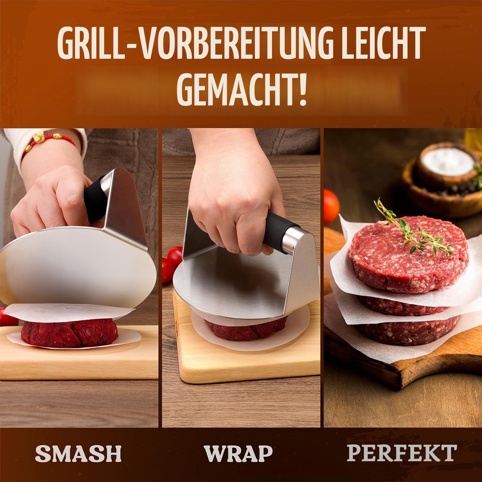Pisol Smash Burger Presse, Hamburger Smasher Werkzeug für die Grillplatte, Edelstahl Hamburgerpresse mit Anti-Verbrühungsgriff, 14 cm Antihaft Grillpresse für Smashburger, Speck, Hackfleisch, Fleisch
