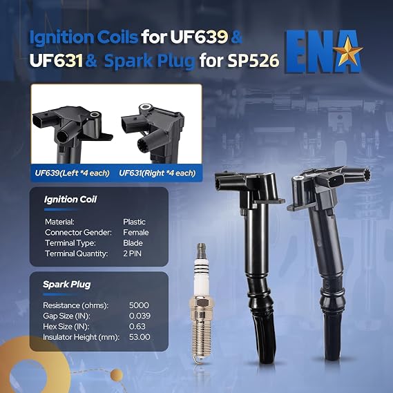 ENA Set of 8 Ignition Coil Pack 16 Platinum Spark Plug Compatible with Ford F150 2010-2014, F250 F350 2011 2012 2013 2014 2015 2016 2017 Super Duty E350 V8 6.2 Replacement for UF631 UF639 DG526 DG525