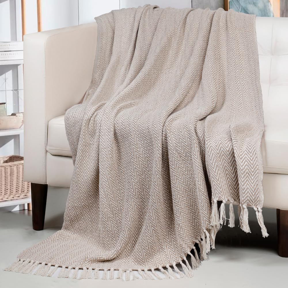 HOMADORN All Season Cotton Weaved Throw Blanket for Bed/Sofa 50x70 INCHES (Beige)