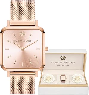 Damenuhr Rosenbox - Hochwertige Armbanduhr Edelstahl mit luxuriösem eckigem Design, wasserdicht 3 ATM - Edles Geschenk für Frauen, Freundin, Mutter - 28mm quadratische Damen Uhr Mesh
