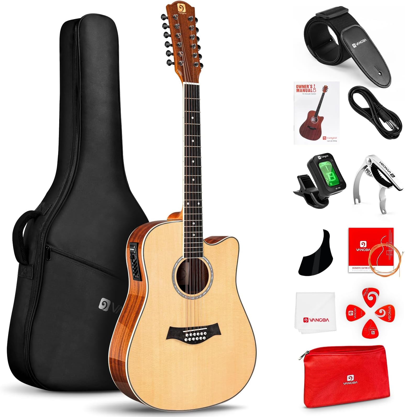 Vangoa 12 String Acoustic Guitar Cutaway, Spruce Top & Mahogany Sides, 41 Inch Full-size, with Beginner Kit, Natural