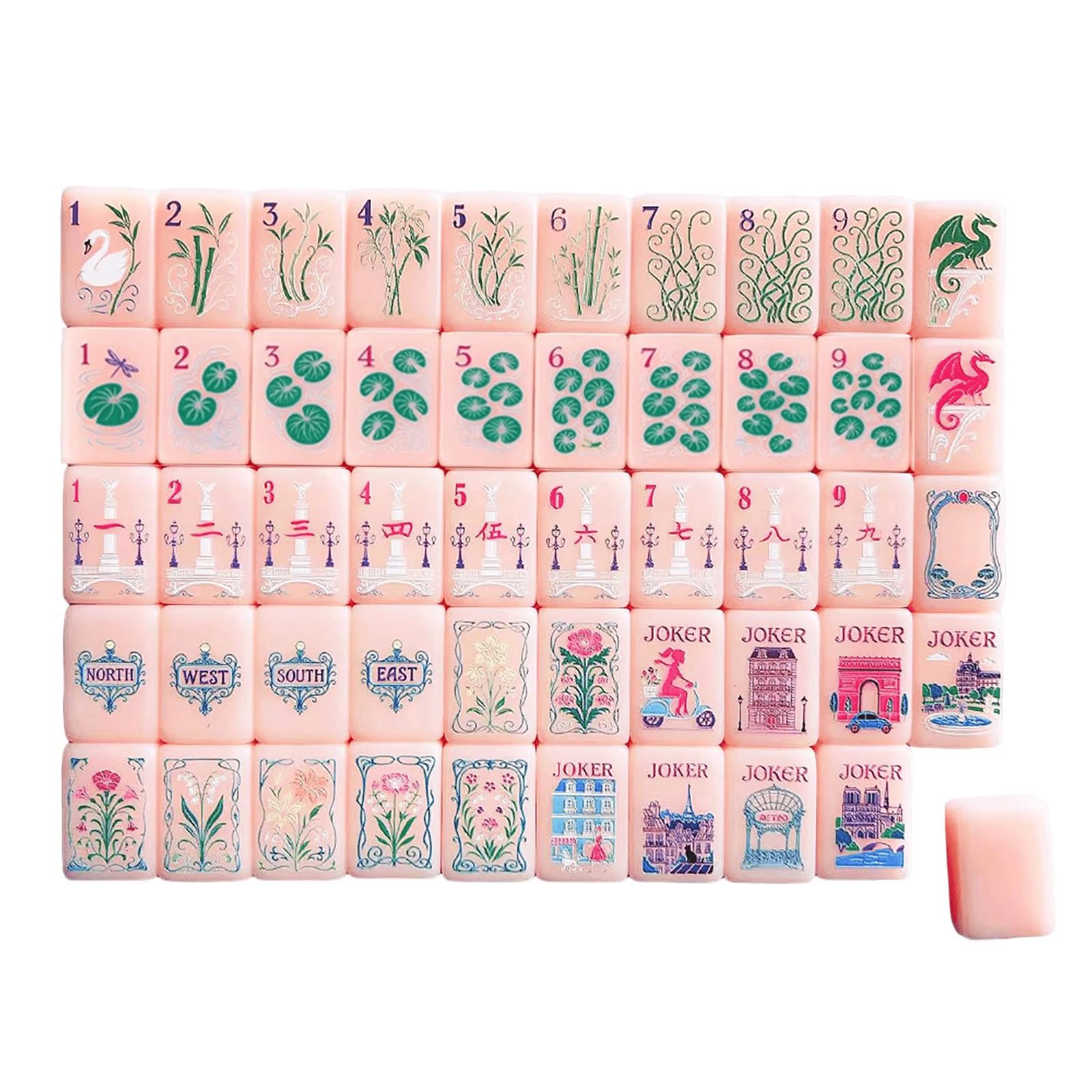American Mahjong Fliesen Set 160 Fliesen Rosa Acryl Klare Gravur Joker enthalten Reisefreundlich mit Aufbewahrungstasche für Zuhause, Reisen & Spieleabende