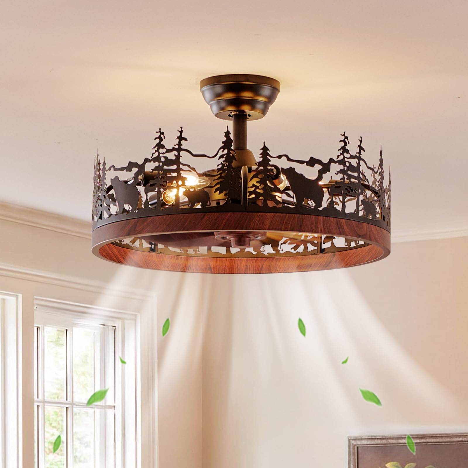 Photo 1 of Monikessy Farmhouse Wagon Wheel Ceiling Fan with Light, 21.7" Black & Walnut