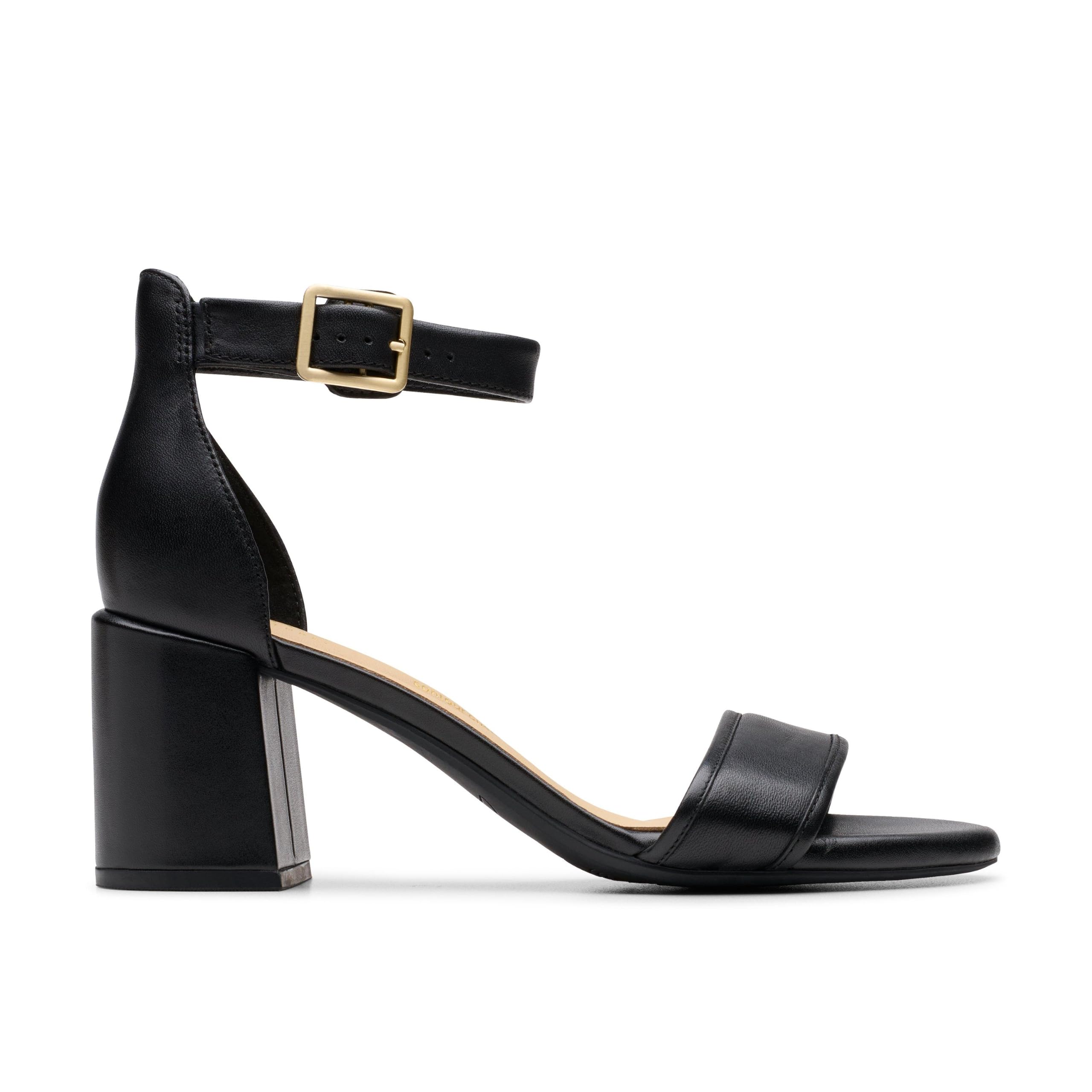 Clarks Women's Black Ezoria Mae Leather Heeled Sandals | Size: 6.5/Standard Fit