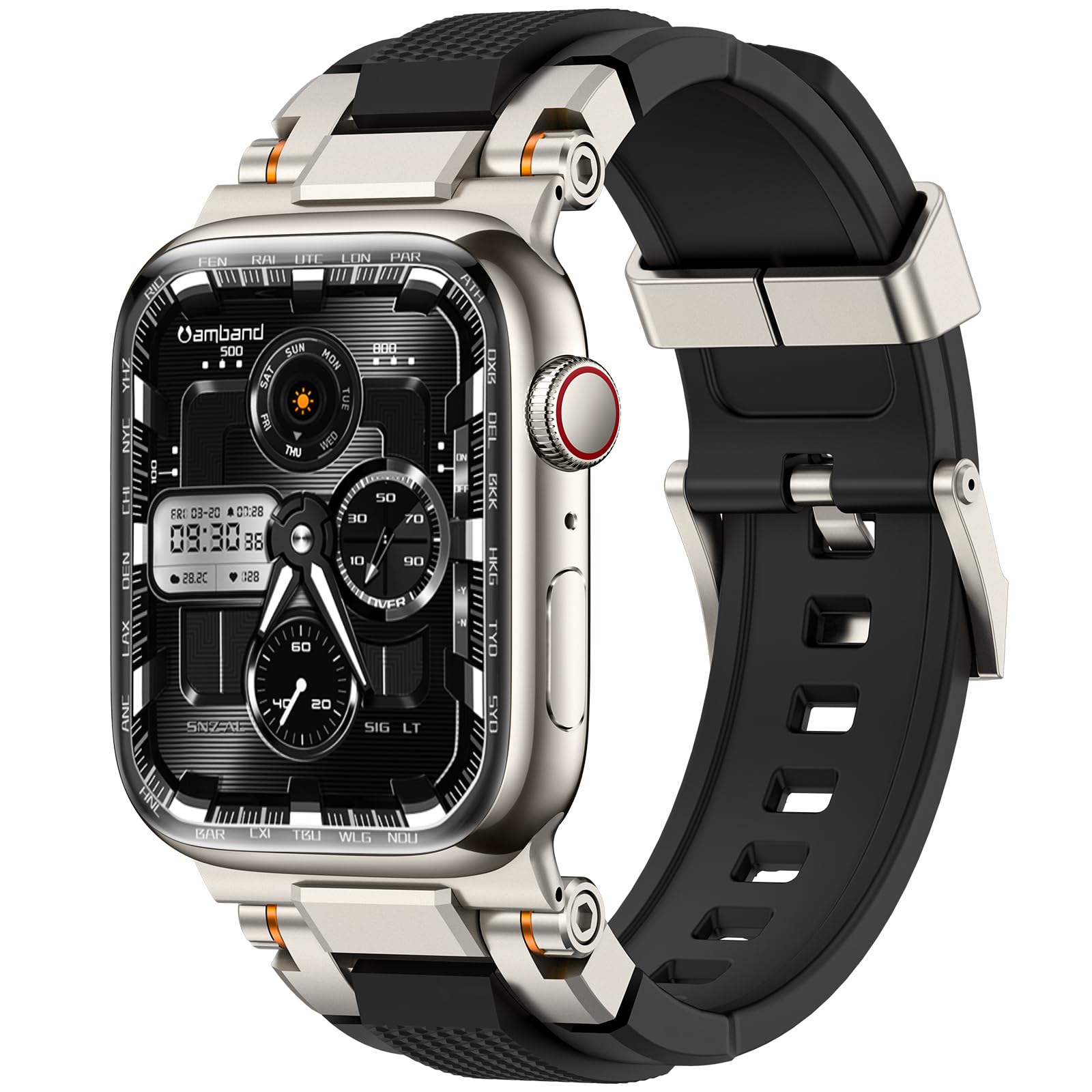 amBandBands Compatible with Apple Watch 9/8/7 45mm, M1 Sport Series Rugged Durable Strap with Stainless Steel Connector to Match Watch's Metal Case for iWatch SE/6/5/4/3 44mm 42mm Men Titanium/Black