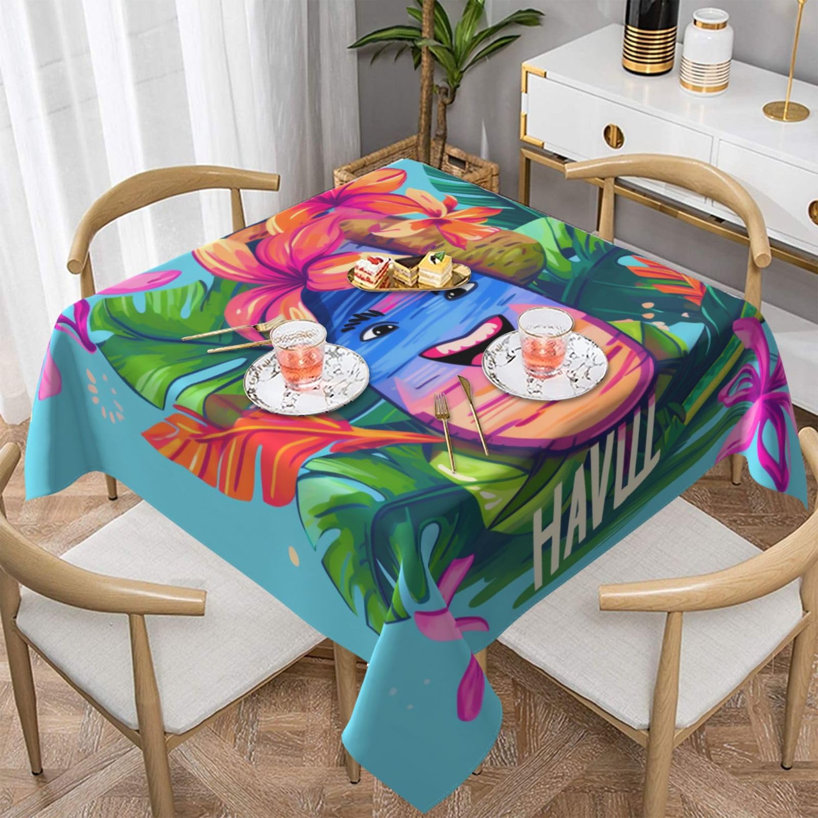 WPKJU Hello Hawaii Printed Square Tablecloth 54x54 inch Water Resistant Table Cover Washable Rectangle Table Cloth for Dining Tables