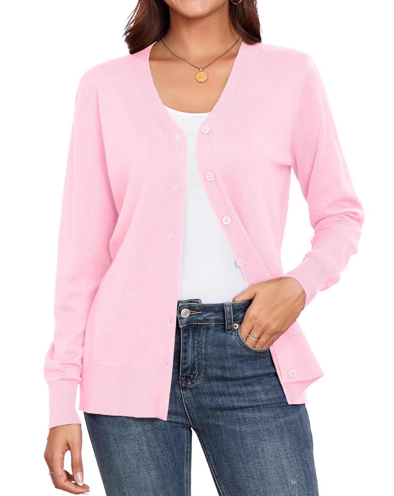 YGJIEGENG Strickjacke Damen Kurz Leichte Cardigan Langarm V-Ausschnitt Strickpullover Elegant Casual Herbst Winter Strickmantel mit Knopf S-2XL