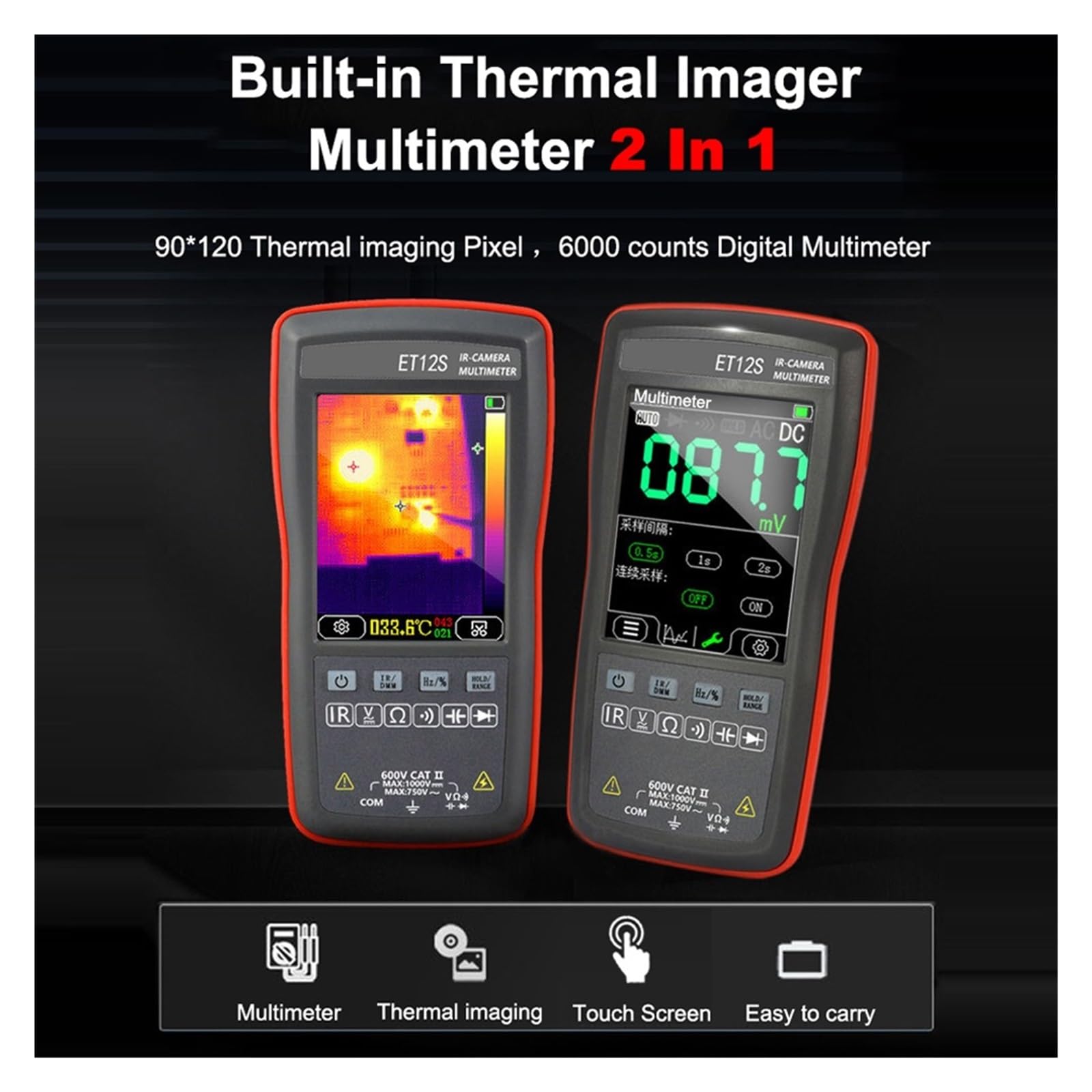 Tester Multimetru ET11S/ET12S 2w1 Cyfrowa Kamera Termowizyjna Multimetr Termowizyjny Pixel Multimetro Z Pomiarem Rezystancji Prądu Napięciowego Precyzja Bezpieczny(ET12S)