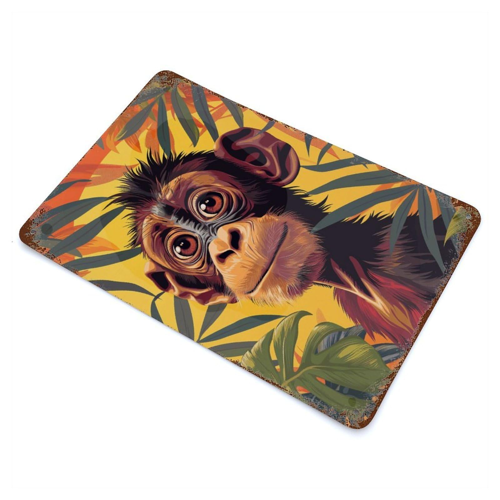 Weathered Tin Sign Chimpanzees And Palm Trees 11.8"x7.9", Rustic Home Decor for Bistro, Counter And Cafe Decor