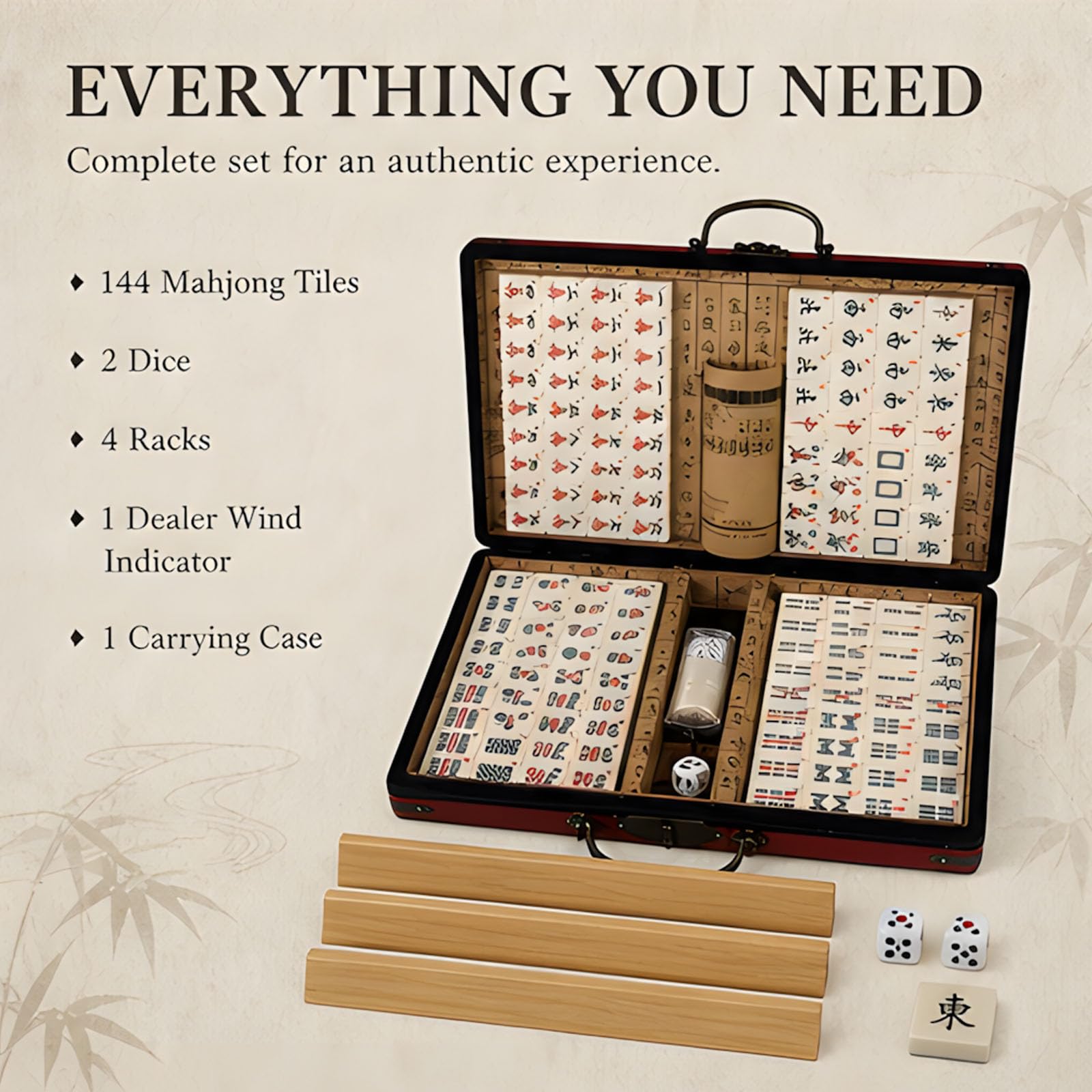 Mahjong portatile con custodia con maniglia per trasporto, 144 per serate gioco da tavolo, scatola compatta per riunioni famiglia e giochi gruppo da tavolo Custodia per Home