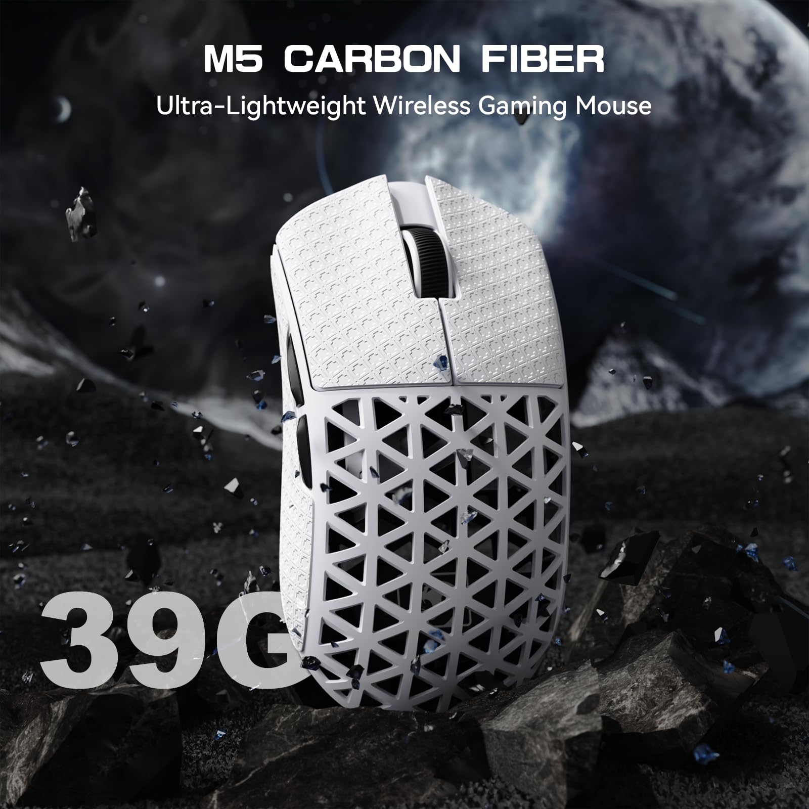 MAMBASNAKE M5 Ultra Carbon Fiber 8000Hz Kabellose Gaming-Maus mit Bis zu 42000 DPI, 39g Ultraleicht, PAW3950MAX Sensor, Nordic 52840 Chip, 2,4GHz Wireless/BT/Kabelgebunden, für PC/Xbox/PS/Mac – Weiß