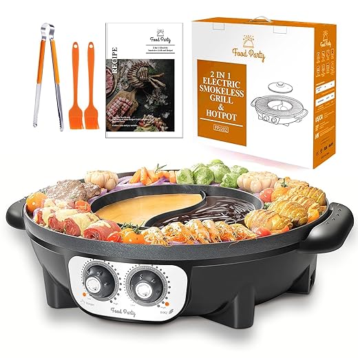 Food Party Hot Pot with Grill 2 in 1 Electric Smokeless Grill and Hotpot Pot Combo Korean BBQ Grill 110V 1700W