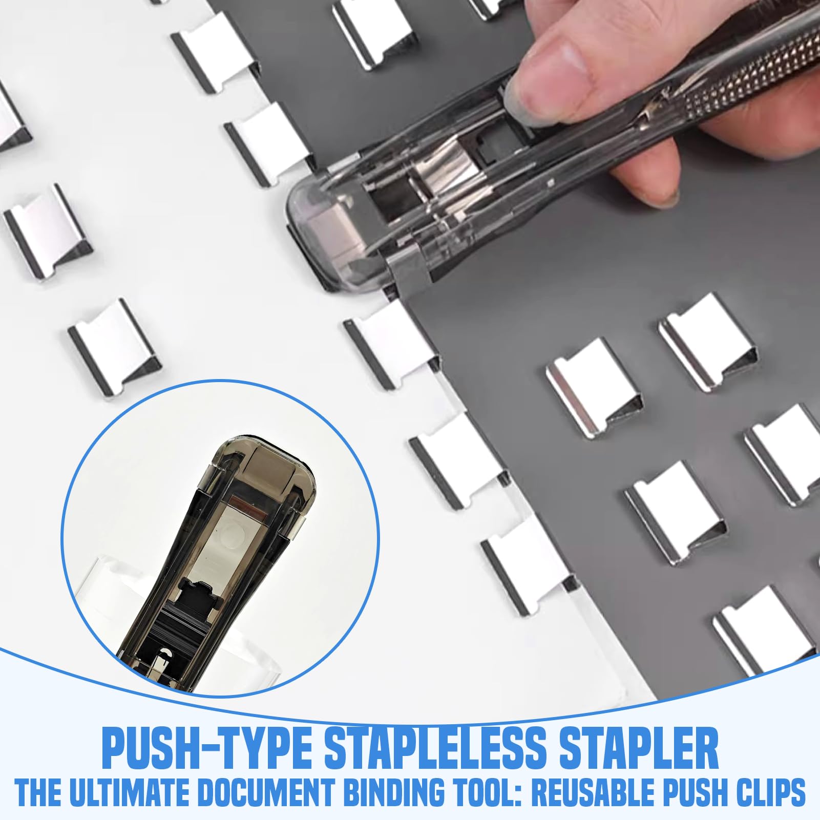 2 Stück Reusable Creative Stapler, Klammerloses Hefter, Tacker Ohne Klammern Mini Push Heftgerät Set mit 100 Wiederverwendbare Heftklammern, Push Clamp Stapler Holder für Zuhause Schule Büro