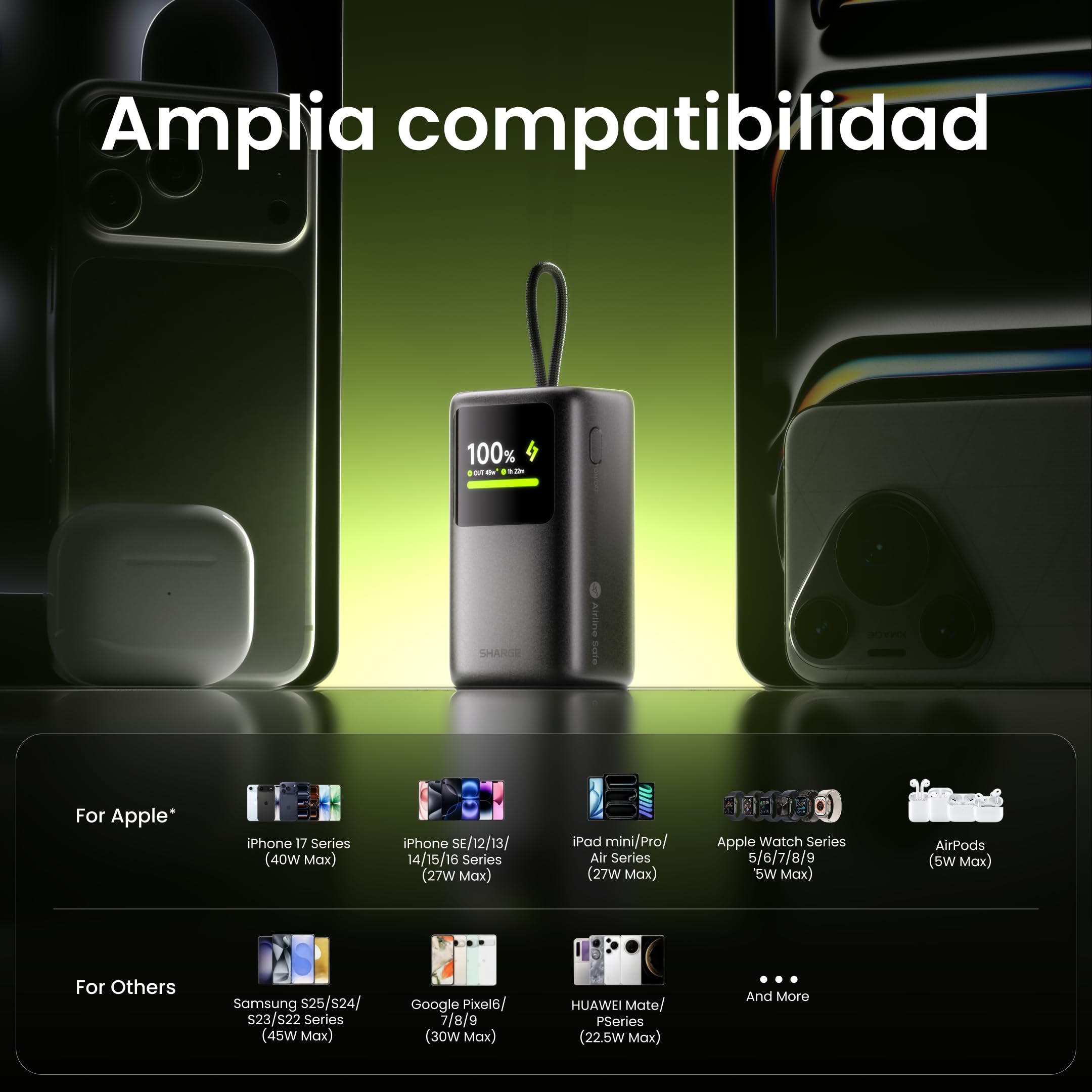 sharge 45W Fast Charging Power Bank, batería Externa de 10000mAh con Cable USB-C retráctil Integrado, Pantalla Inteligente y Carga rápida de 45W para iPhone 17/16, iPad y MacBook Air.