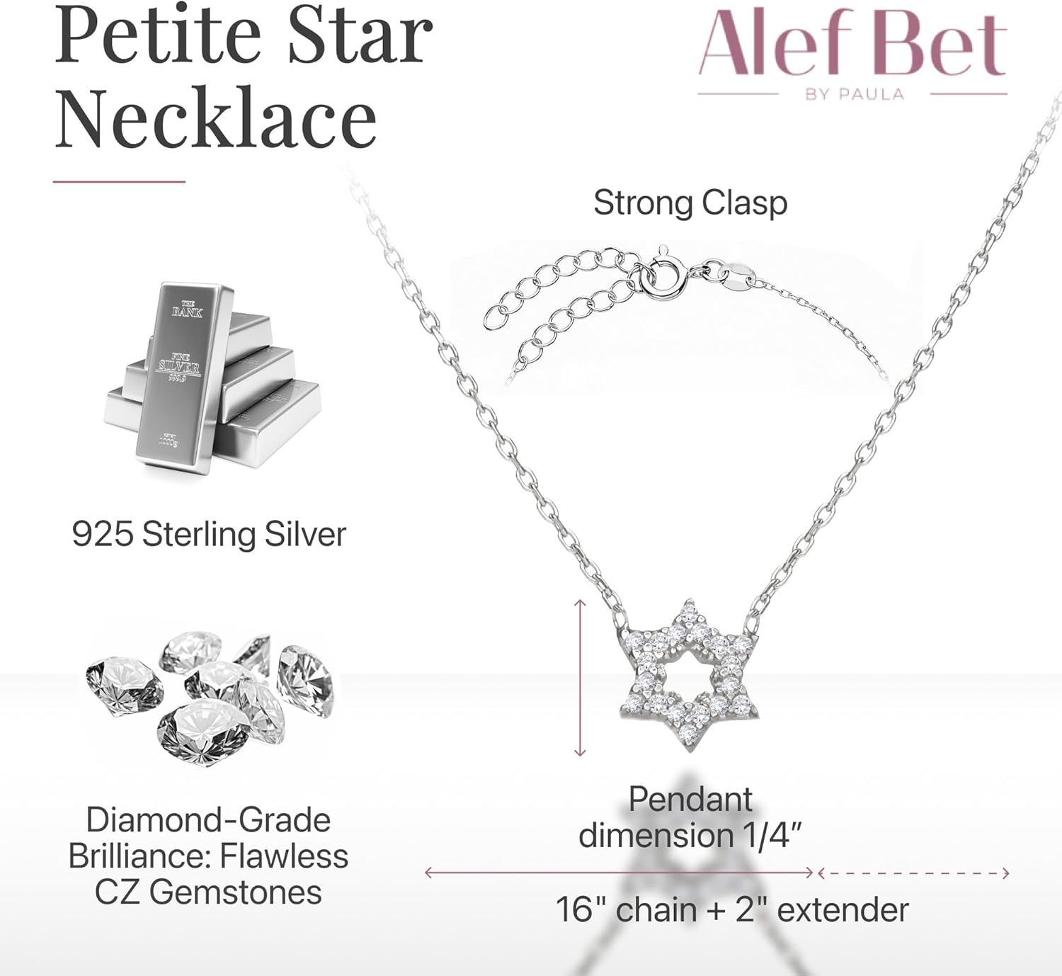 Alef Bet by Paula Petite Sterling Silver Star of David Necklace for Women | Dainty CZ Pendant | Adjustable Jewish Faith Jewelry Gift - Image 3