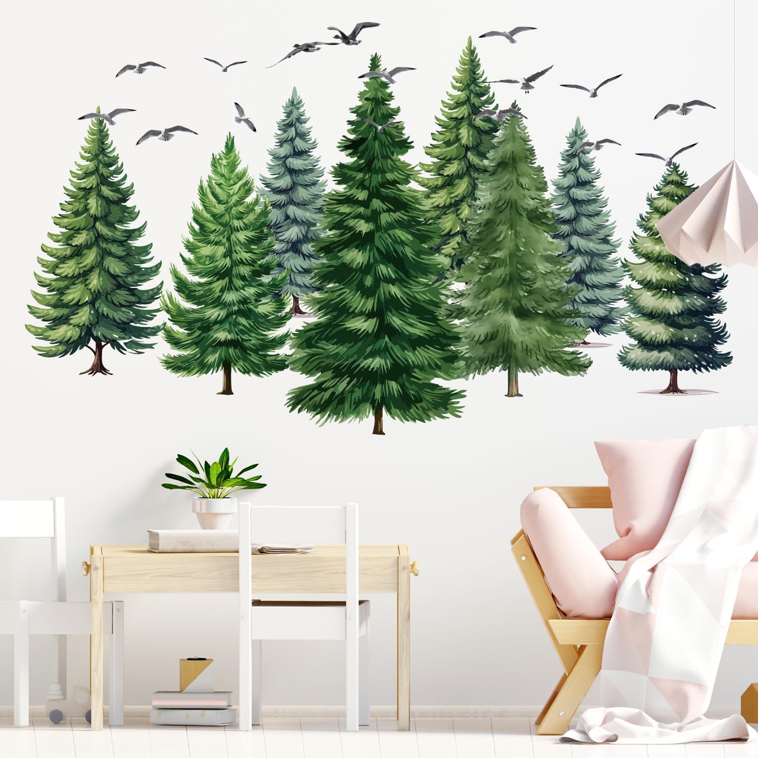 Watercolor Large Pine Tree Wall Decals Green Tree Forest