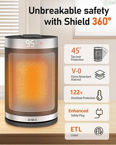 Miniatura 5 de KNKA Calentador de espacio, calentador eléctrico de 1500 W para interiores con control remoto y temporizador, calentador portátil de oscilación de