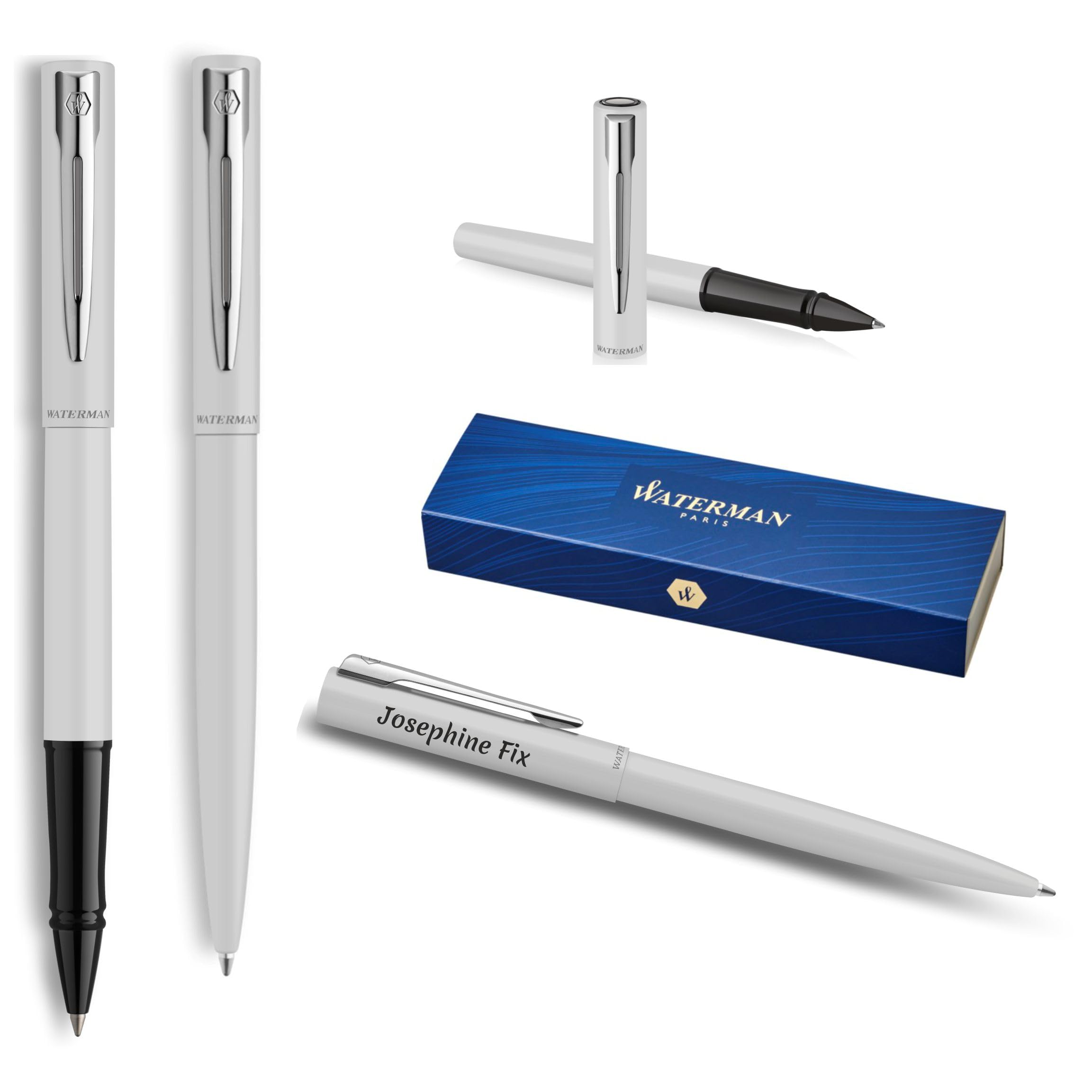 Waterman Allure Ensemble d'écriture avec gravure – Set de stylo à bille et stylo roller personnalisé – Ensemble d'instruments d'écriture de luxe en noir – Cadeau élégant pour femmes et hommes (White