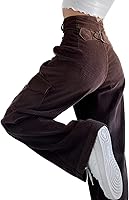 EMMIOL Women's High Waisted Corduroy Bootcut Wide Leg Cargo Pants - Y2K Baggy Vintage Loose Fit Dark Brown Black