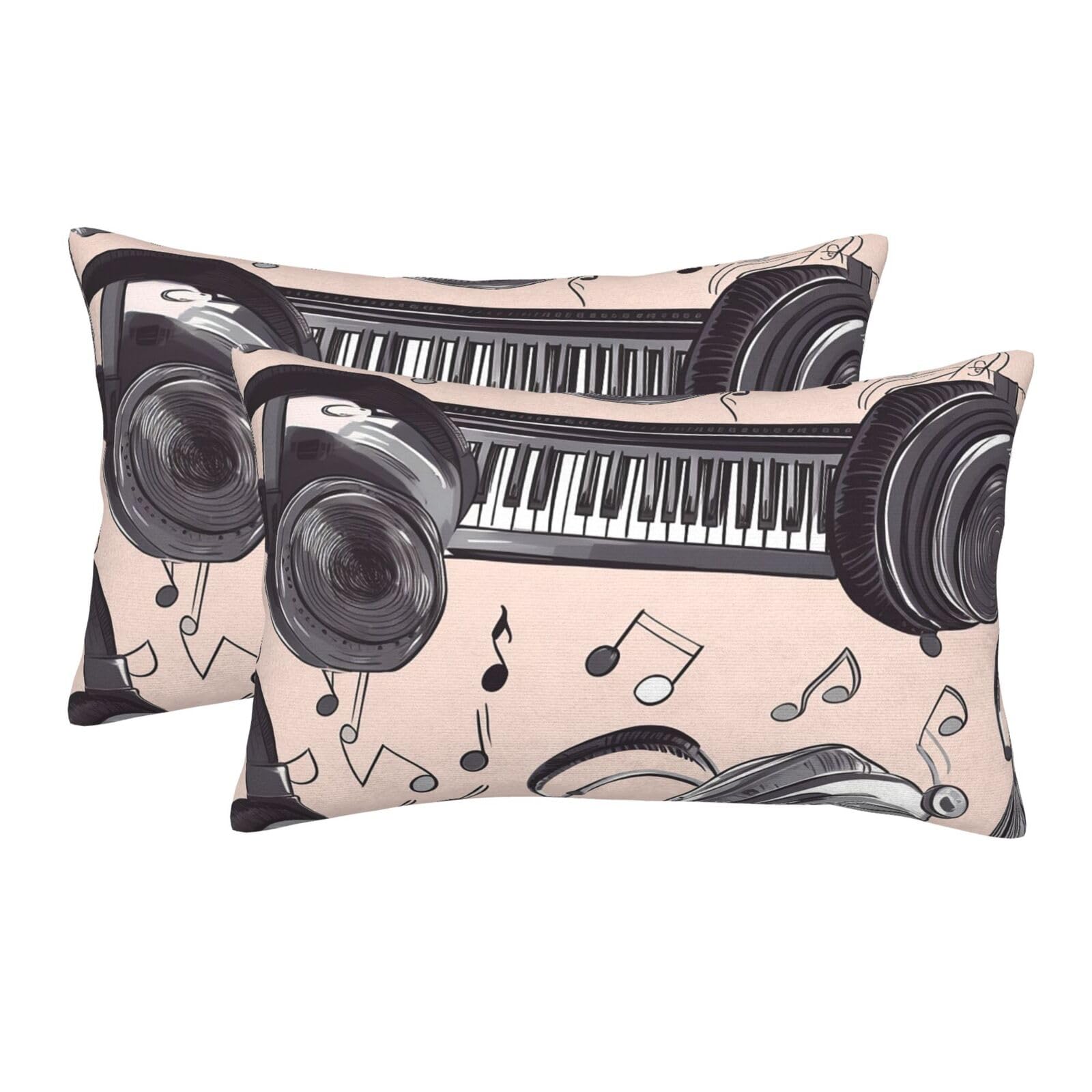 2 Pack Standard Size Pillow Cases for Hair and Skin Soft Breathable Pillow Case Covers with Hidden Zipper Headphones and Piano Pillowcase 20"x30" Pillow Cover for Sleeping Gift