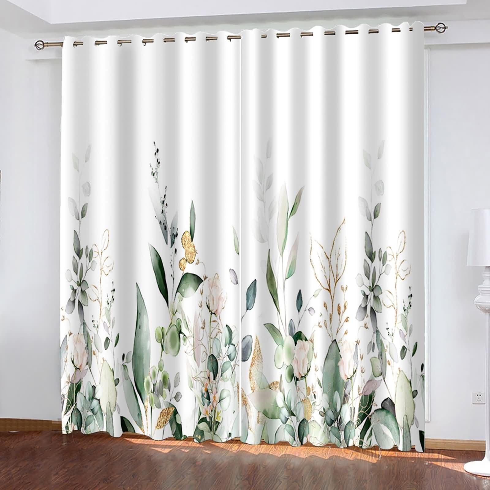 Rideaux de Cuisine Occultant 2 Pieces,2 x 102W x 244H CM,Rideaux a Oeillet Motif de Fleurs et de Feuilles Rideau de Salle Vert Blanc