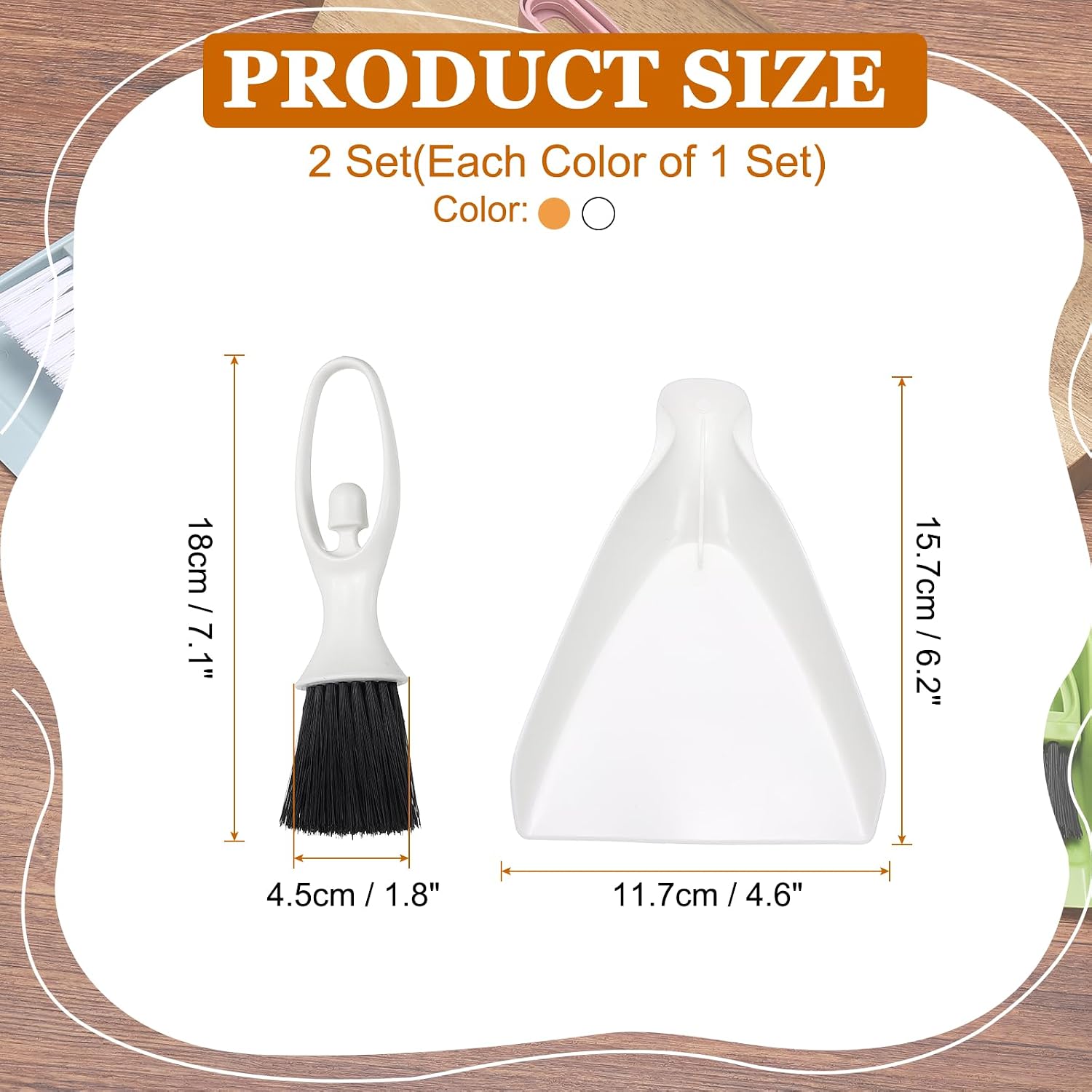 uxcell 2 Pcs Mini Dustpan and Brush Set, Small Broom and Dustpan Set for Office Tabletops Sofas Keyboards Home Cleaning Tool, Orange Yellow/White image 2