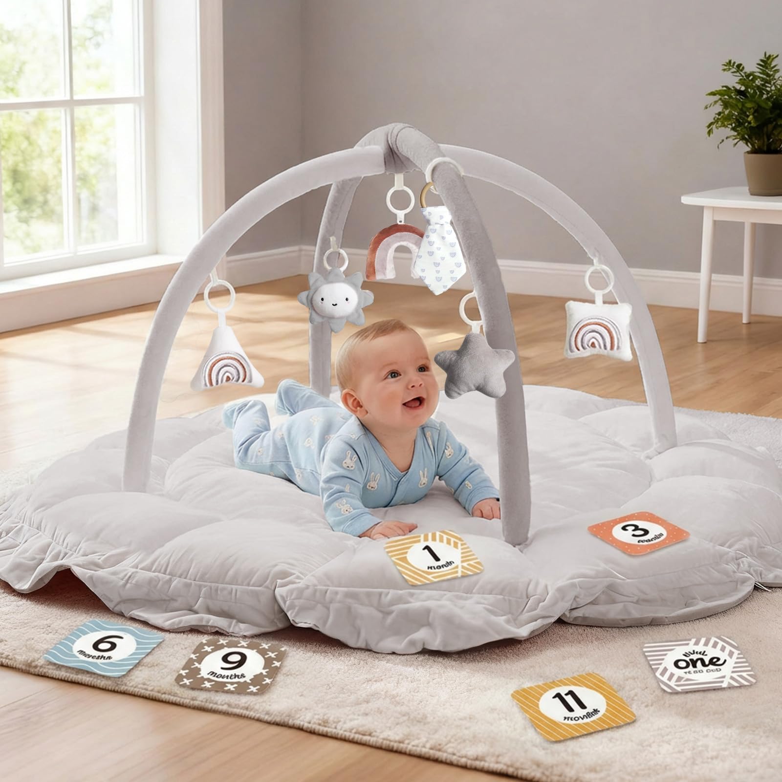 5-in-1 Thick & Plush Baby Play Gym, Baby Play Mats for Floor, Tummy Time Mat with 6 Toys, Convertible Stage-Based Developmental from Babies to Toddlers, Ball Pit, Pet Cushion Cloudico, Grey Grey Round