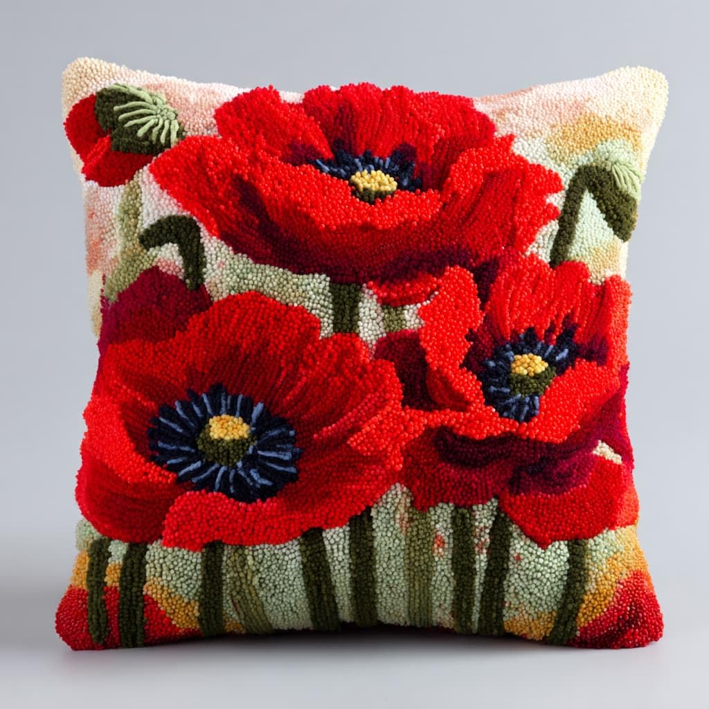 Taxpy Latch Hook Cushion Kits, Red Flowers DIY Latch Hook Kits Pillow Printed Cushion Embroidery Needlework Craft Embroidery Kit,17x17inch