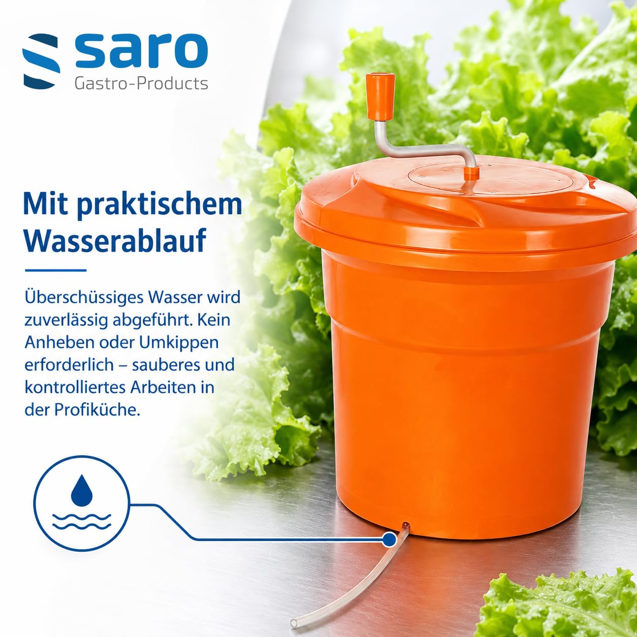 SARO Salatschleuder – 12 L – Ø 330 mm – Stoßfestes Kunststoffgetriebe – Spülmaschinengeeignet – Rutschfester Stand – Modell RENA 121