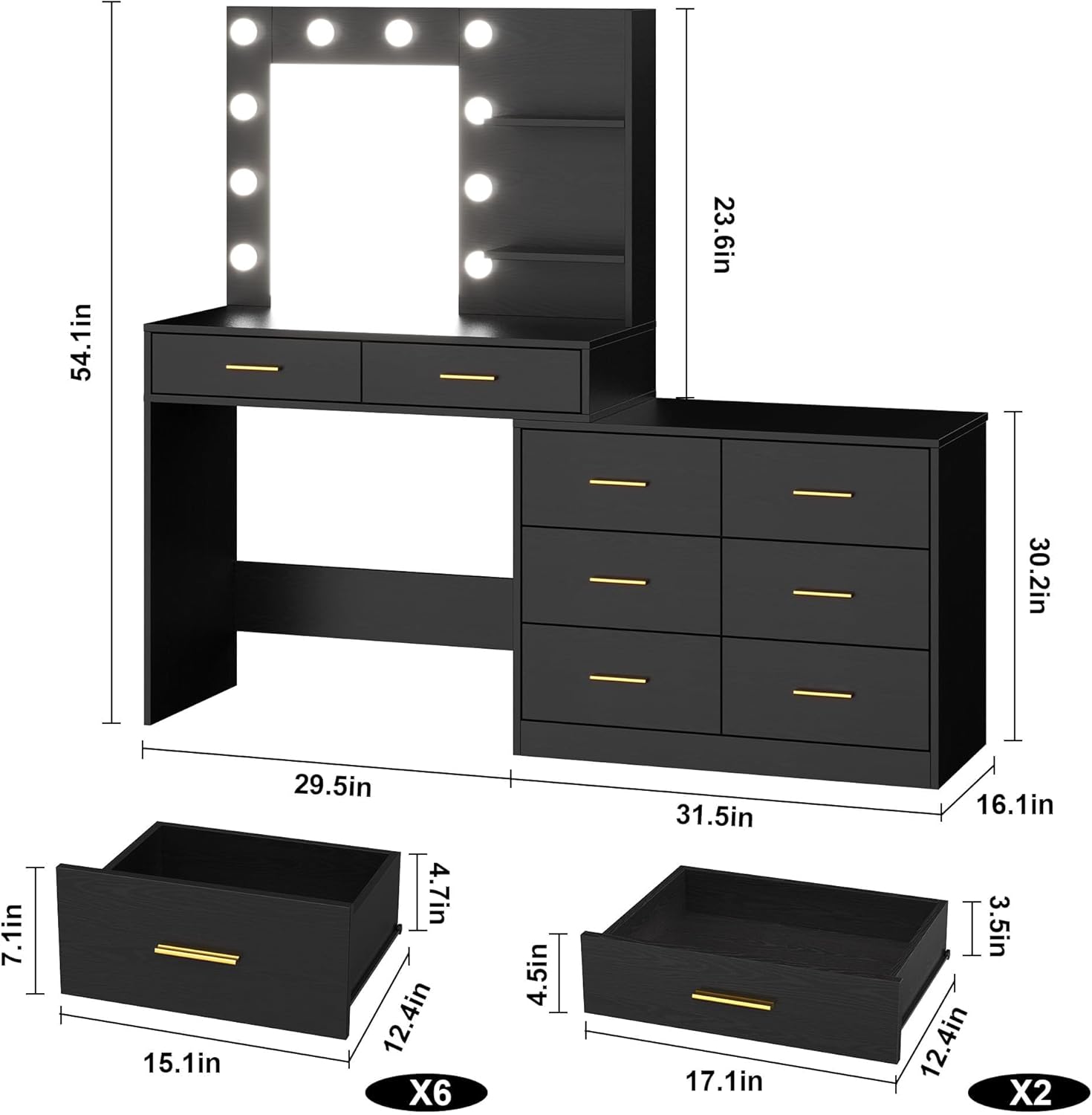 GAOMON Vanity Desk Table with Lighted Mirror 61“ Girls Makeup Vanity with 8 Stroge Drawers, 3 Colors Lighting Adjustable,Brightness Vanity Table for Women Bedroom Dressing Room