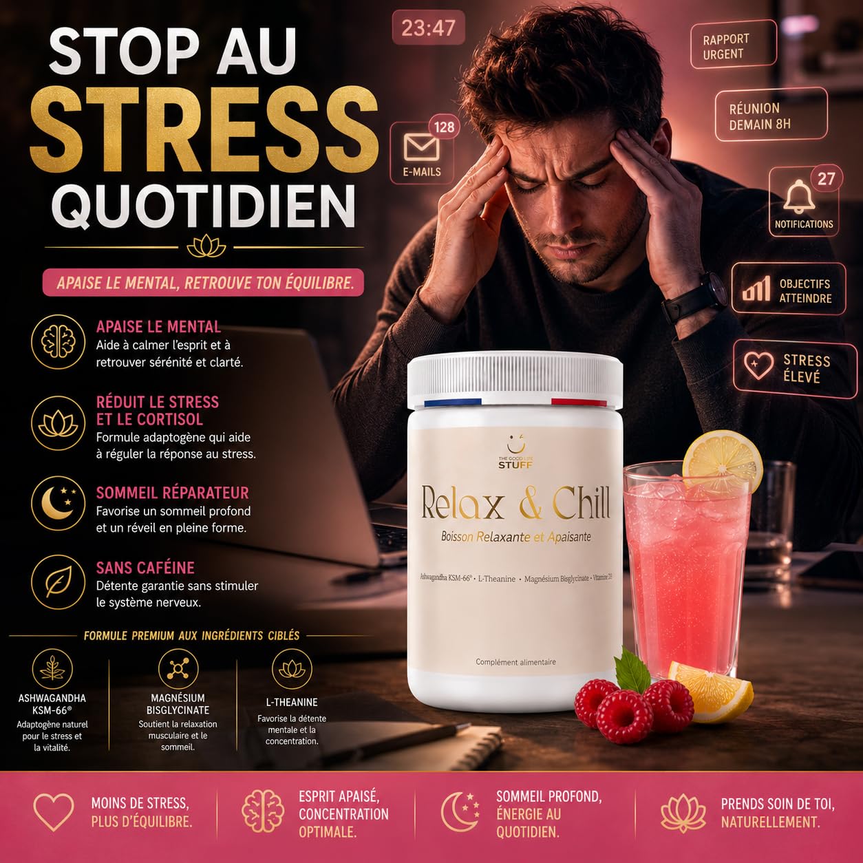 Relax & Chill Boisson Relaxation Anti-Stress/Ashwagandha KSM-66, L theanine, Magnesium Bisglycinate & Vitamine D/Baisse Cortisol & Stress, Améliore Détente et Qualité du Sommeil/Sans Cafeine ni Sucre