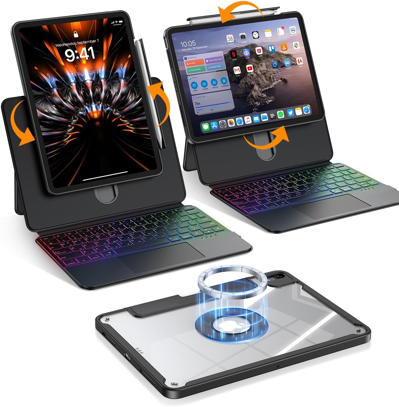 Blosomeet Magnetic iPad Pro 13 Inch M5/M4 2025/2024 Case with Keyboard, Clear Splitfolio Detachable Cover, Up-Down Liftable, Adjustable Stand, 7-Color Backlit, Multi-Touch Trackpad, Black