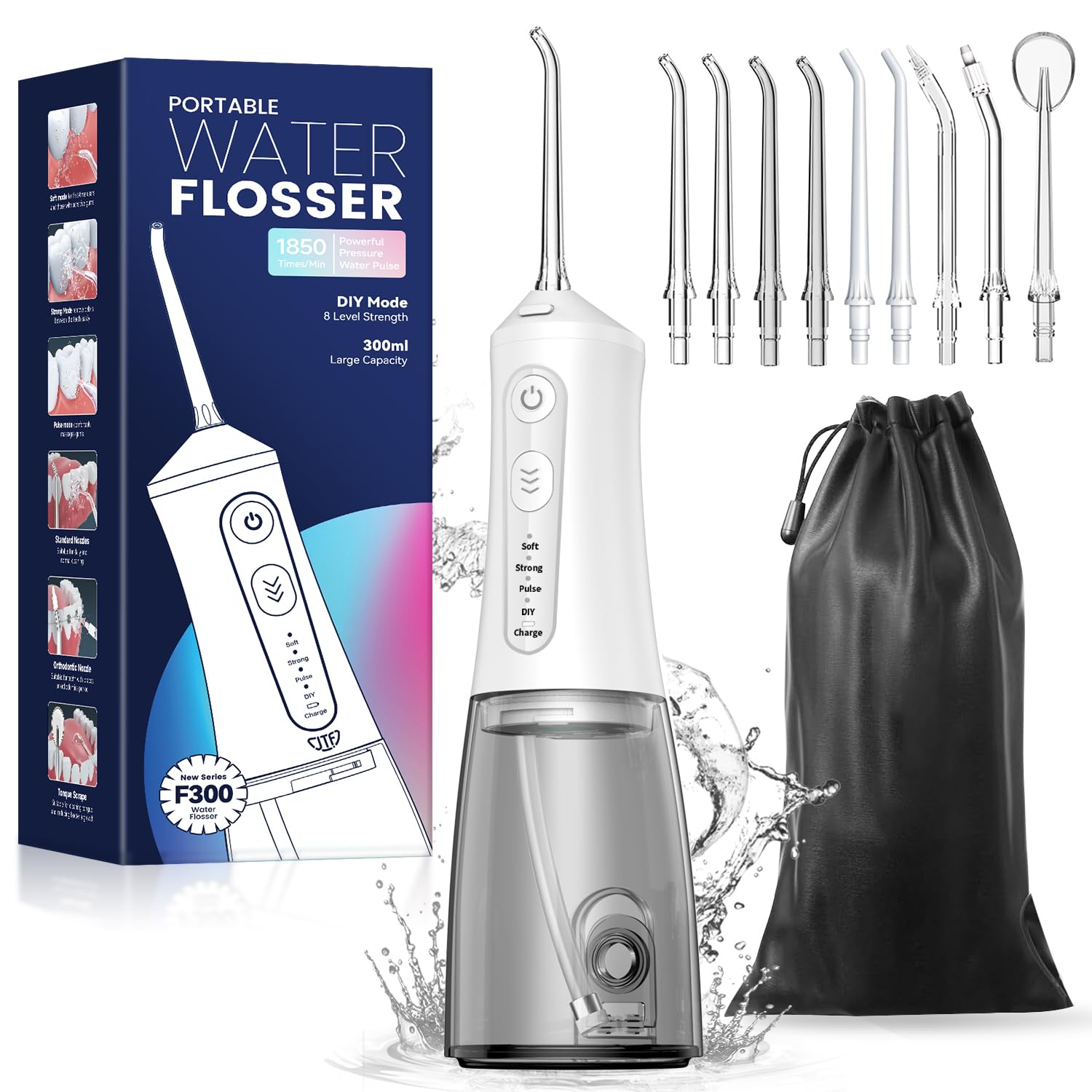 Munddusche JTF Zahndusche & Zungenreiniger, 300ML Wassertank, USB-C Wiederaufladbare Water Flosser, Modell F100
