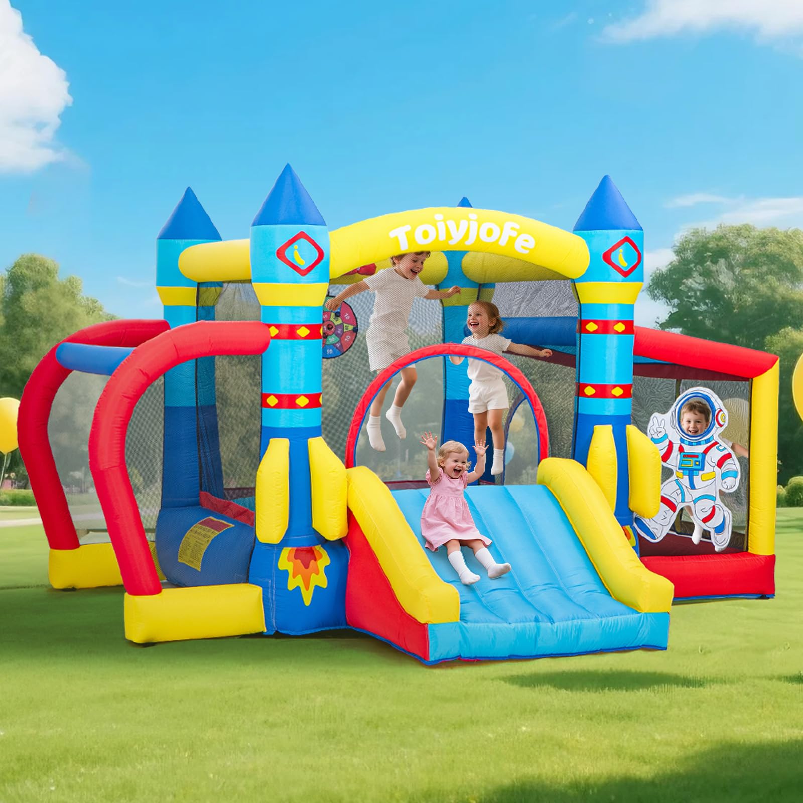 Space Adventure Bounce House, 7-in-1 Rocket Astronaut Theme Inflatable Castle with Slide, Air Blower, Ball Pit, Indoor Outdoor Bouncy House Birthday Party for Kids 3-6Y (11.5FT X 10FT X 7FT)