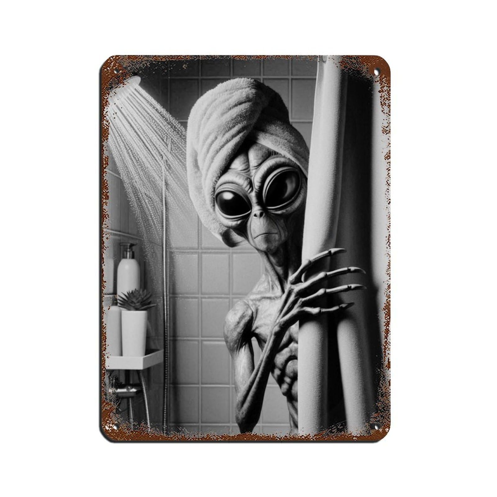 Alien UFO Bathroom Art Outer Space Bathroom Art (1) Retro Poster Metal Tin Sign Chic Art Retro Iron Painting Bar People Cave Cafe Family Garage Poster Wall Decoration 12x16inch(30x40cm)