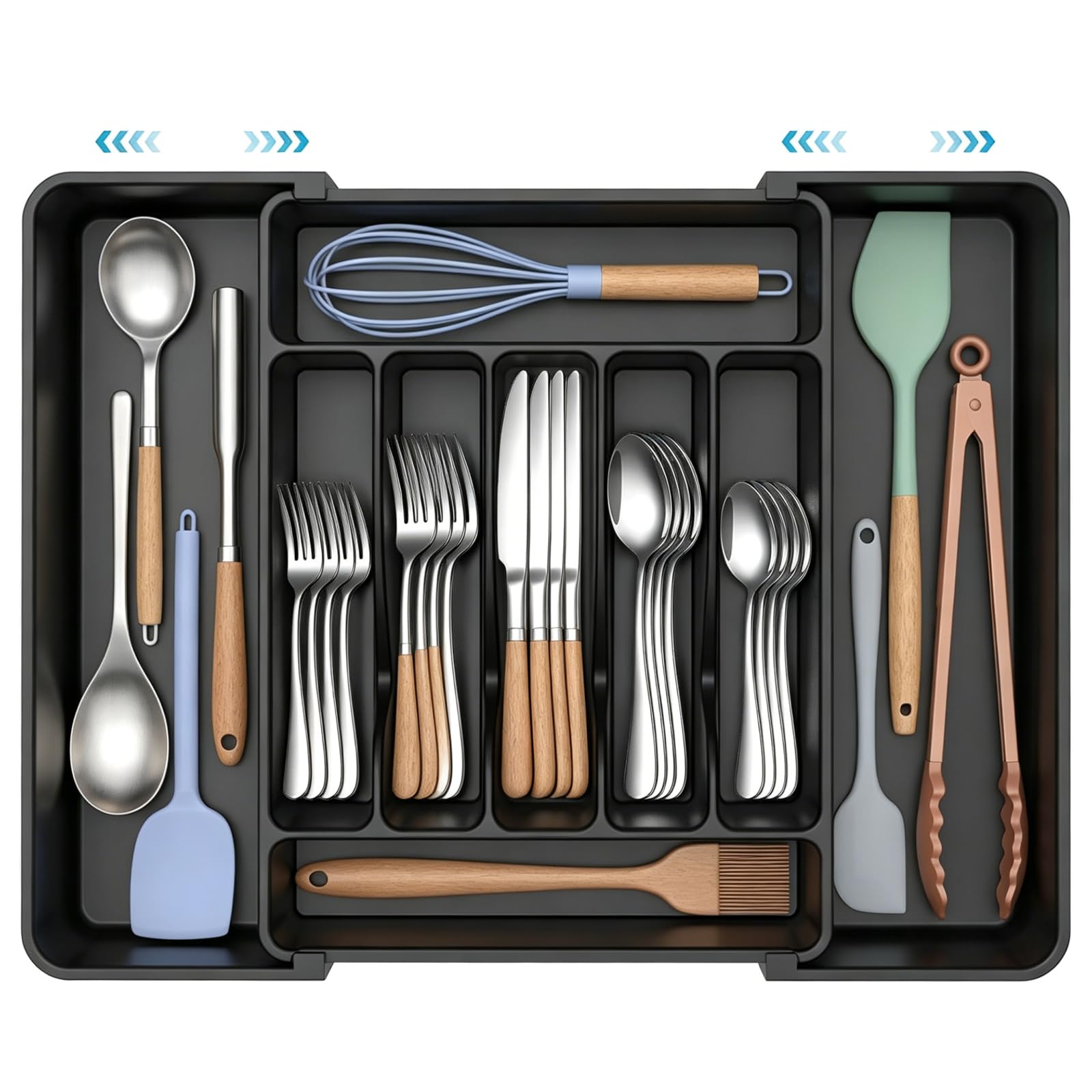 Muiltvoe Utensils Drawer Organiser, Expandable Cutlery Tray for Kitchen Drawer, Adjustable and Silverware Holder, Cutlery Plastic Flatware Spoons Forks Knives Holder Storage Insert, Black