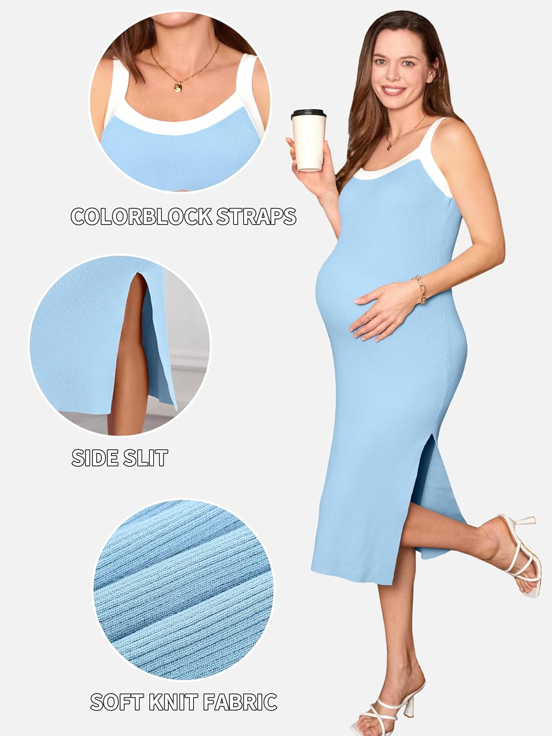 V FOR CITY Maternity Dress for Baby Shower Sleeveless Slit Rib Knit Casual Square Neck Bodycon Pregnancy Clothes - Image 5