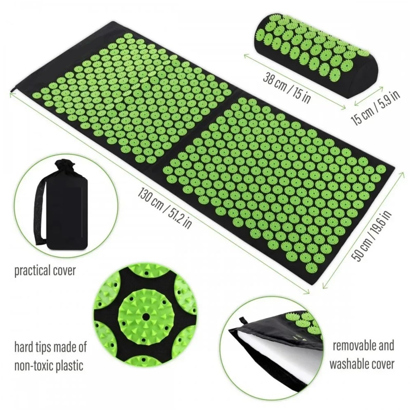 Esterilla Acupresion Juego de estera de acupresión con esponja de flor de loto de 130x50x2,5 CM for estera de masaje de acupuntura for Yoga(Green)