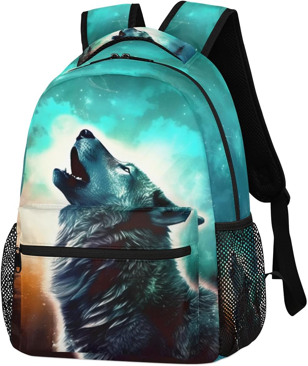 School Backpack for Teens Boys, Animal Wolf Starry Sky Print Middle School Students Bookbag 16in,Casual Sports Gym Travel Bag Schoolbag Hiking Camping Daypack