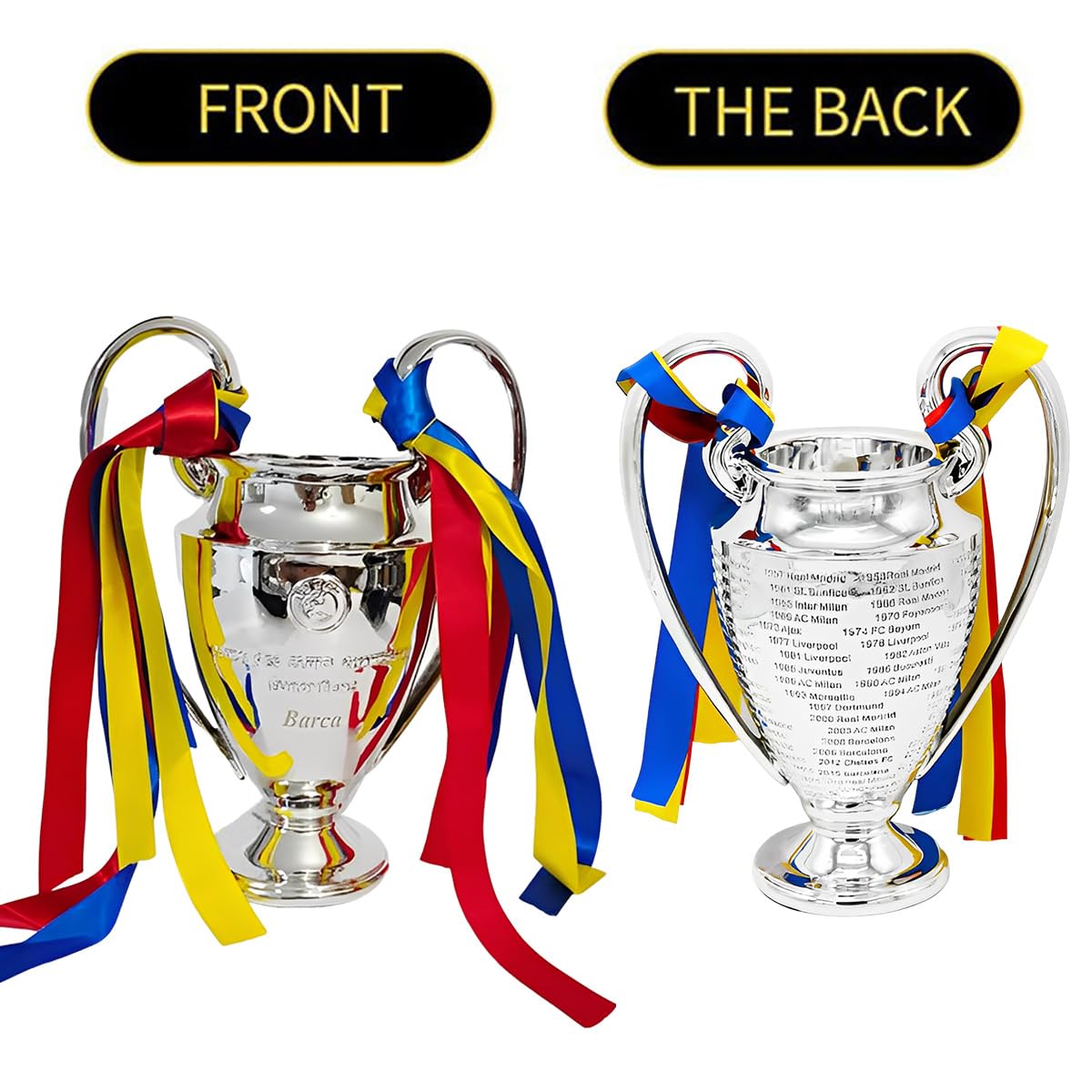 Réplique Trophée de la Ligue des Champions,Trophées des Champion d'europe De Football avec 3 éVentails De Rubans De Couleur Décorations pour La Maison Collection Ornements D'affichage,32cm