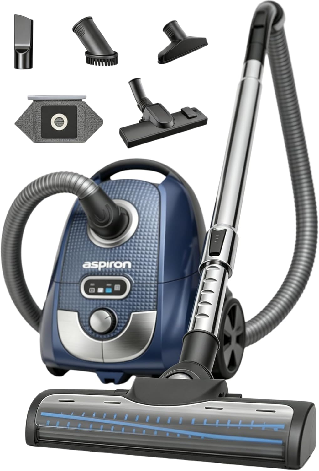 Aspiron Canister Vacuum, 1600W/40Kpa Canister Bagged Vacuum,4QT Dust Bag, H13 HEPA Filter, 5 Tools, Pet-Friendly,Variable Power Control,for Carpets, Hardwood Floors, Stairs, Pet Hair, Household,Car