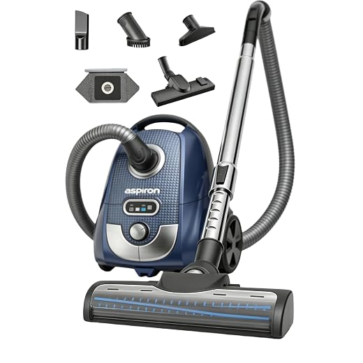Aspiron Canister Vacuum, 1600W/40Kpa Canister Bagged Vacuum,4QT Dust Bag, H13 HEPA Filter, 5 Tools, Pet-Friendly,Variable Power Control,for Carpets, Hardwood Floors, Stairs, Pet Hair, Household,Car